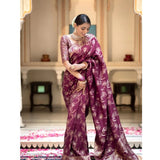 Women's silk printed wine saree with unstitched blouse (5.5mtr), vibrant patterns on traditional Indian attire