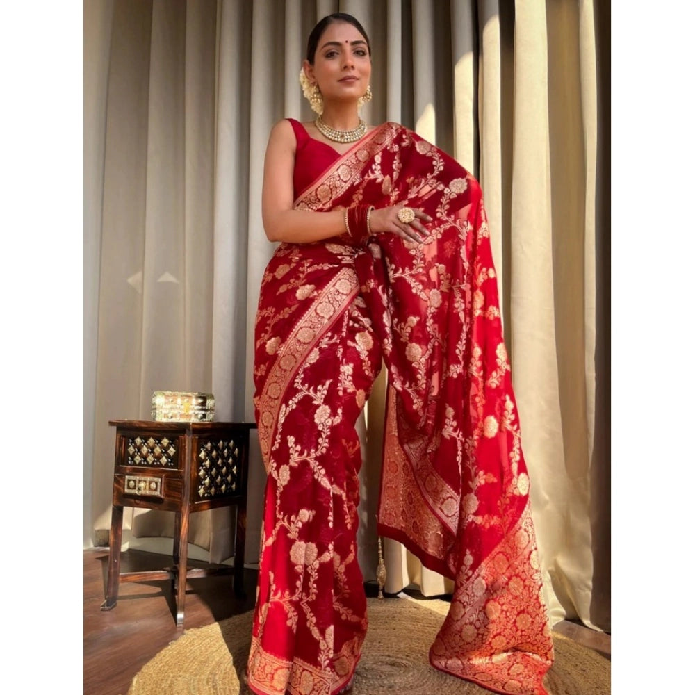 Red silk printed saree with unstitched blouse (5.5Mtr), vibrant traditional Indian wear for women