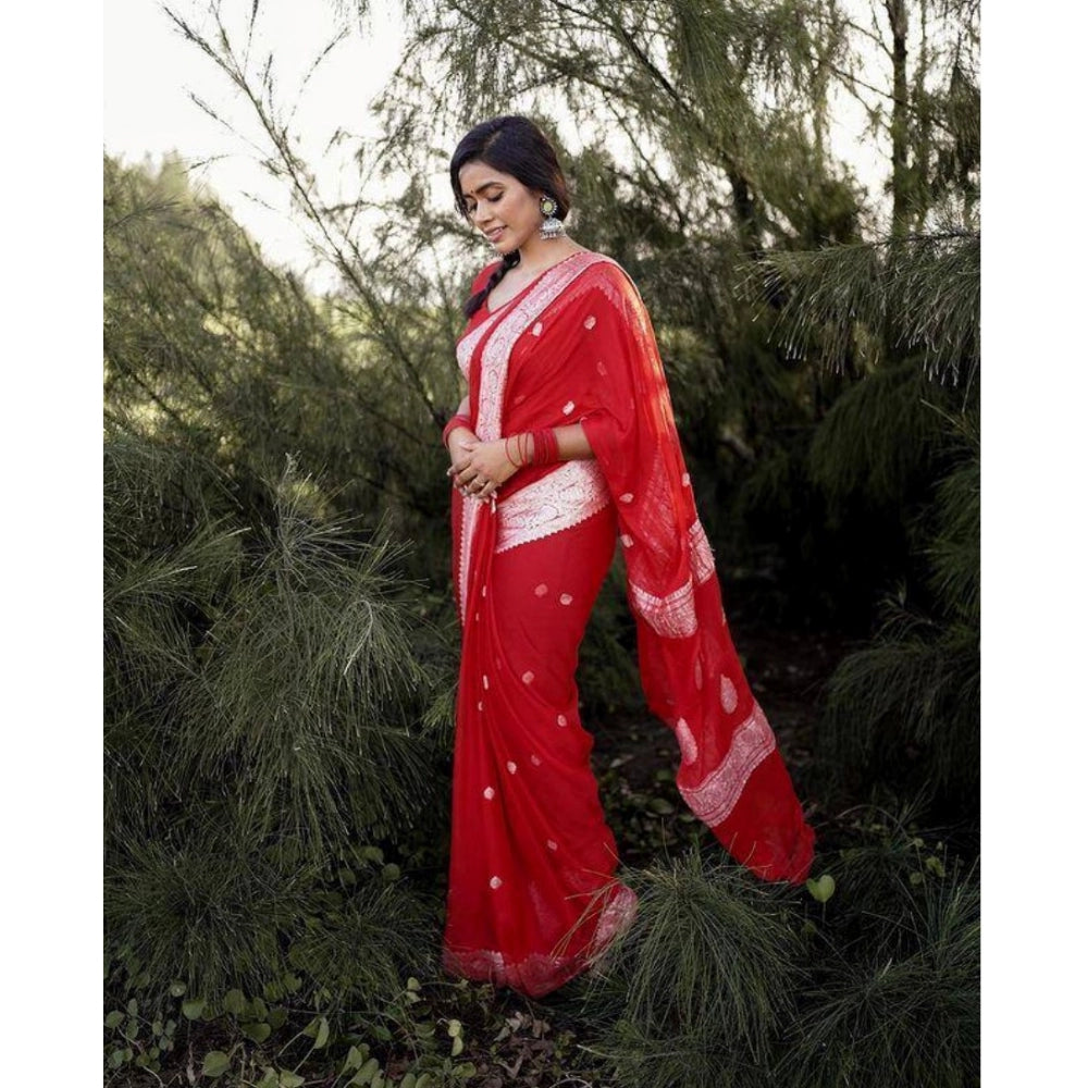 Red cotton printed saree with unstitched blouse, vibrant pattern detail
