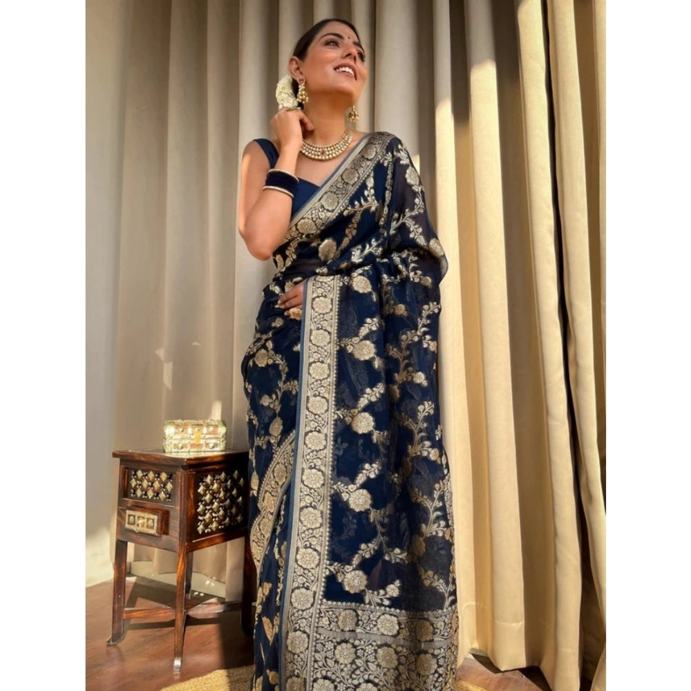 Dark blue silk printed saree with unstitched blouse (5.5mtr), elegant Indian women's fashion accessory