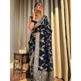 Dark blue silk printed saree with unstitched blouse (5.5mtr), elegant Indian women's fashion accessory