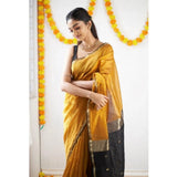 Yellow cotton printed saree with unstitched blouse (5.5mtr), vibrant pattern for traditional women's wear