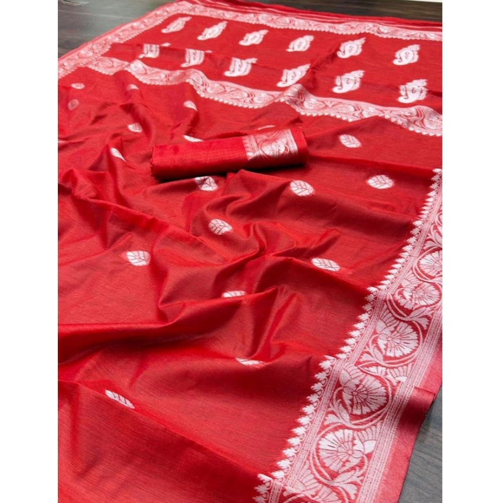 Red cotton printed saree with unstitched blouse, vibrant design on display