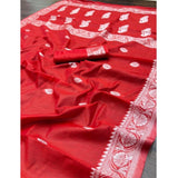 Red cotton printed saree with unstitched blouse, vibrant design on display