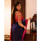 Navy blue silk printed saree with unstitched blouse (5.5Mtr), high-quality Indian women's wear on mannequin