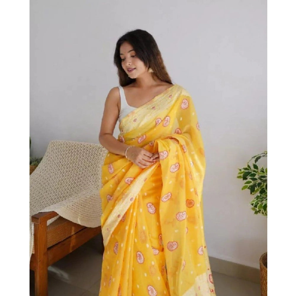 Yellow cotton printed saree with unstitched blouse (5.5mtr) - vibrant Indian fashion accessory