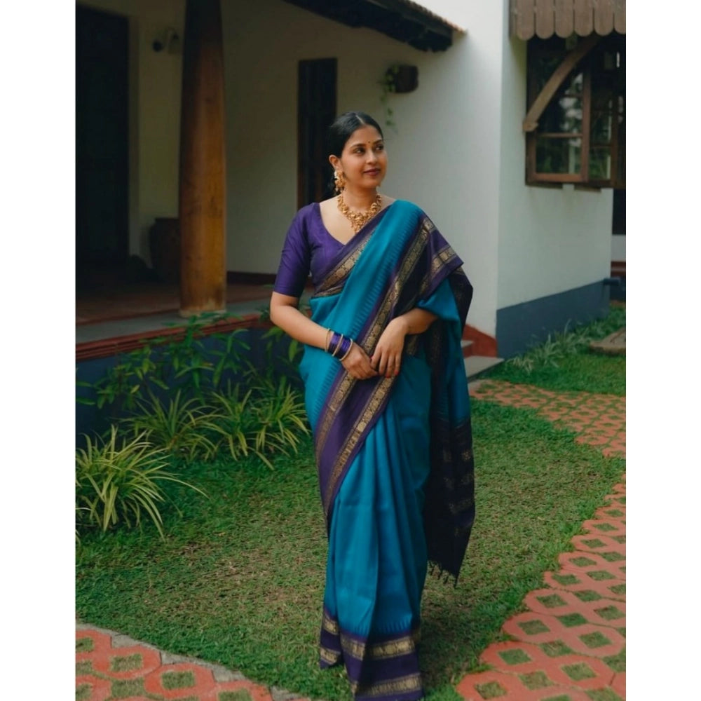Blue silk printed saree with unstitched blouse (5.5mtr) - luxury Indian women's wear on mannequin