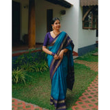 Blue silk printed saree with unstitched blouse (5.5mtr) - luxury Indian women's wear on mannequin