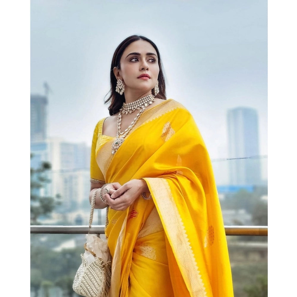 Yellow silk printed saree with unstitched blouse, 5.5mtr length for traditional Indian wear