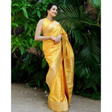 Yellow silk printed saree with unstitched blouse (5.5mtr) - vibrant, traditional Indian attire for women