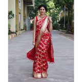 White silk printed saree with unstitched blouse (5.5mtr) on mannequin