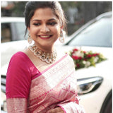 Pink silk printed saree with unstitched blouse (5.5mtr) on mannequin