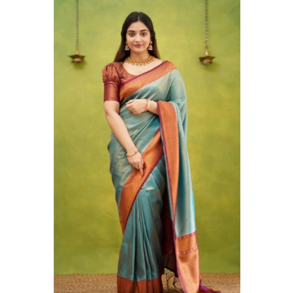 Silk printed Rama saree with unstitched blouse, vibrant design for traditional Indian wear