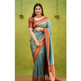 Silk printed Rama saree with unstitched blouse, vibrant design for traditional Indian wear