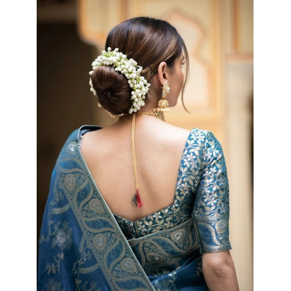 Teal blue silk printed saree with unstitched blouse, vibrant pattern for Indian women's fashion