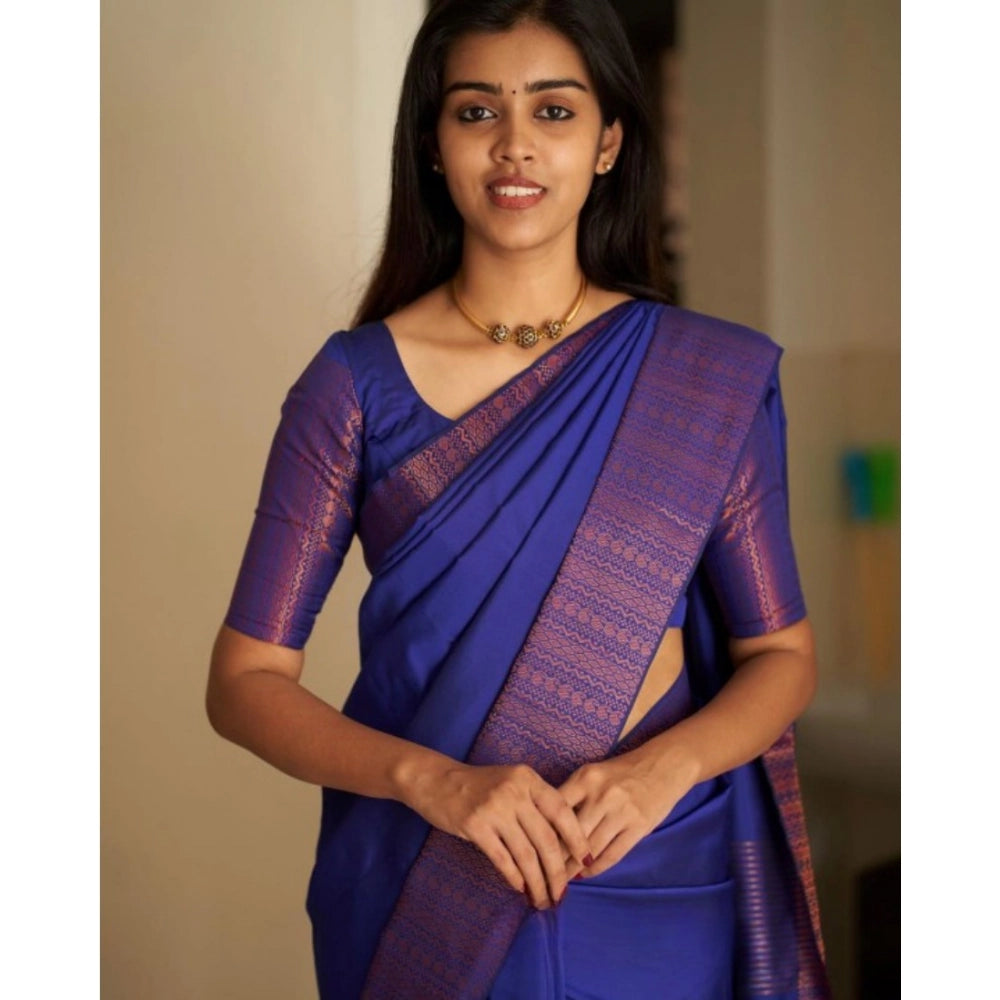 Blue silk printed saree with unstitched blouse, 5.5mtr length