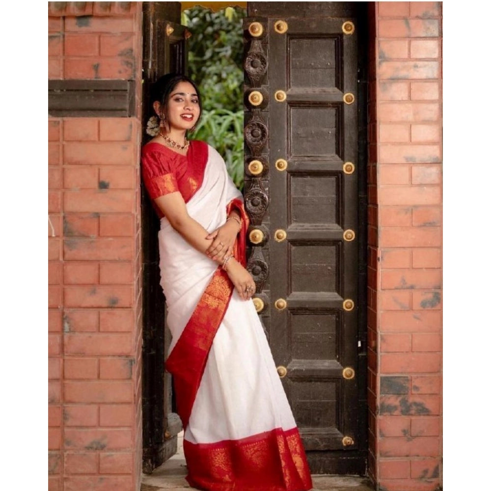White silk printed saree with unstitched blouse (5.5mtr), luxury Indian traditional wear for women