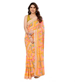 Yellow georgette print ready-to-wear saree with unstitched blouse, 5.5m length