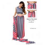 Pink-Grey Georgette striped ready-to-wear saree with unstitched blouse (5.5m), lace detailing on a striped background