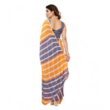 Orange-Grey Georgette striped ready-to-wear saree with unstitched blouse, featuring lace detailing