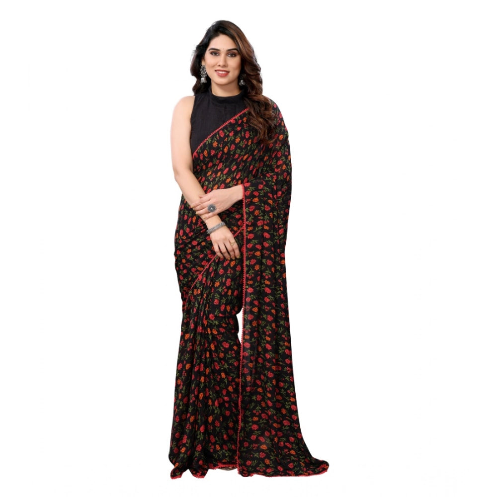Black georgette printed ready-to-wear saree with unstitched blouse (5.5 mtr) on mannequin