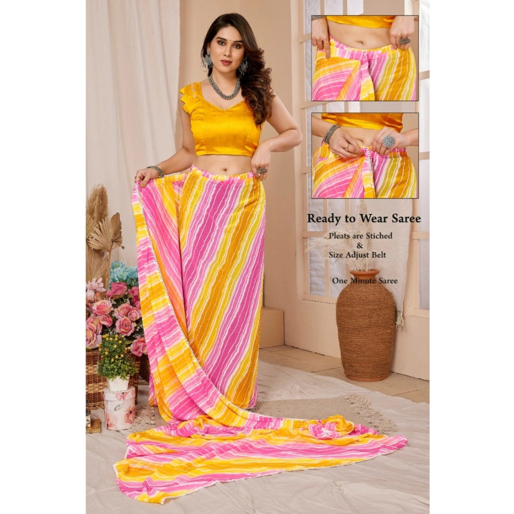 Yellow-Pink striped Georgette ready-to-wear saree with unstitched blouse, women's fashion accessory for traditional events