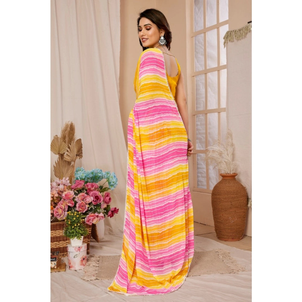 Yellow-Pink Georgette striped ready-to-wear saree with unstitched blouse, intricate lace pattern