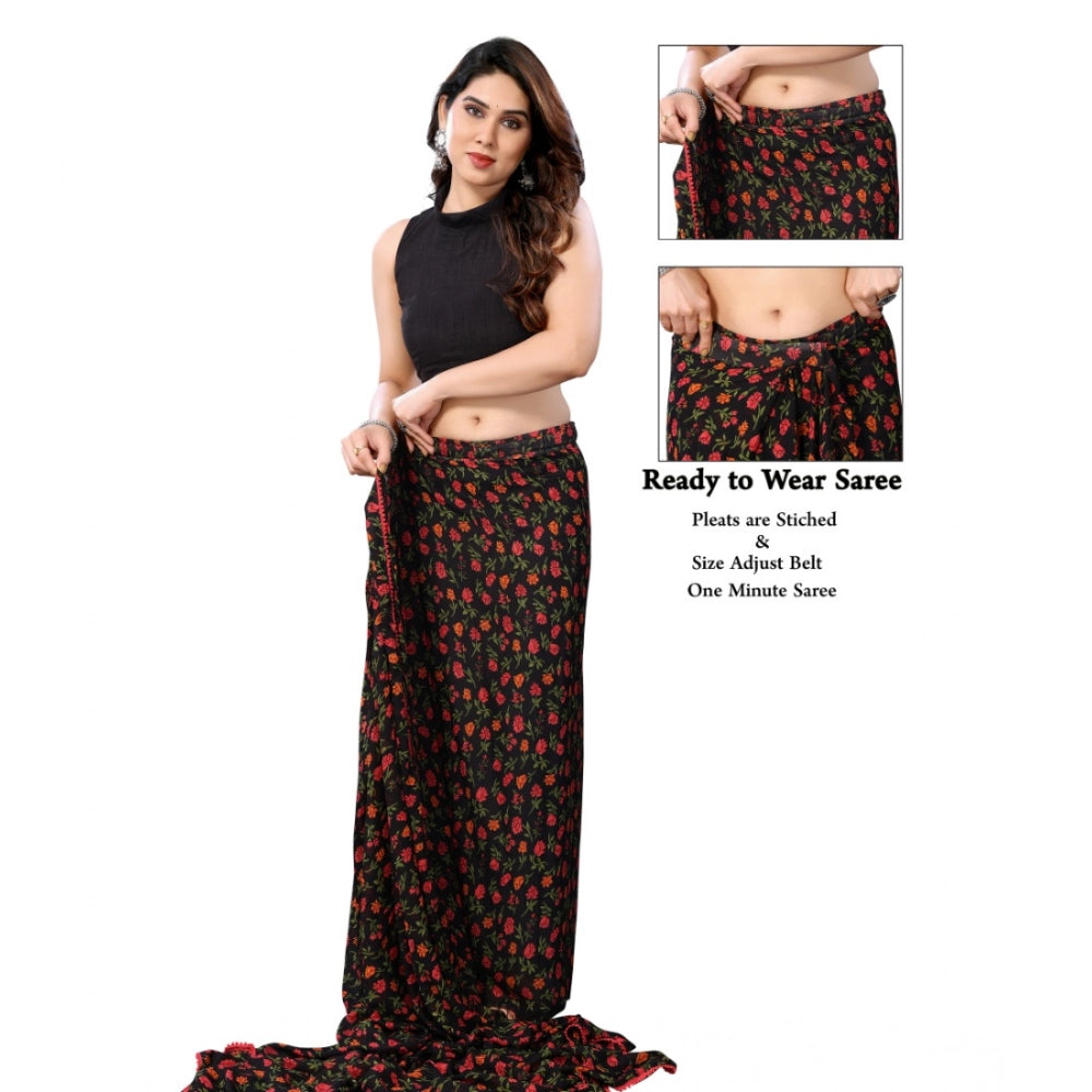 Black georgette printed ready-to-wear saree with unstitched blouse (5.5 mtr) on hanger