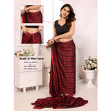Women's Black Berry Striped Ready-to-Wear Saree With Unstitched Blouse 5.5 Mtr (Red-Black)