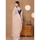 Orange georgette striped ready-to-wear saree with unstitched blouse, 5.5mtr lace detail