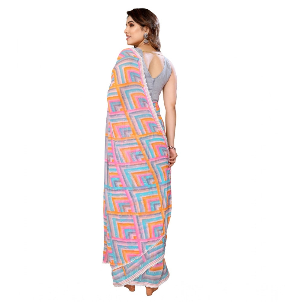 Grey georgette printed ready-to-wear saree with unstitched blouse (5.5 mtr)