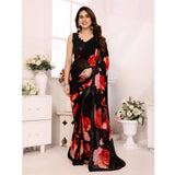 Women's Small Lace Georgette Printed Ready-to-Wear Saree With Unstitched Blouse 5.5 Mtr (Black-Red)