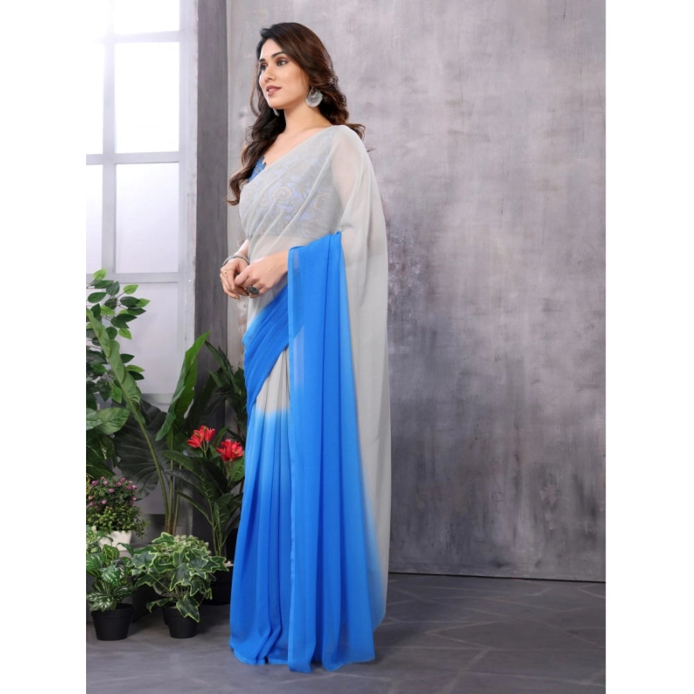 Grey-Blue Georgette ready-to-wear saree with unstitched blouse, featuring lace pattern on 5.5m fabric