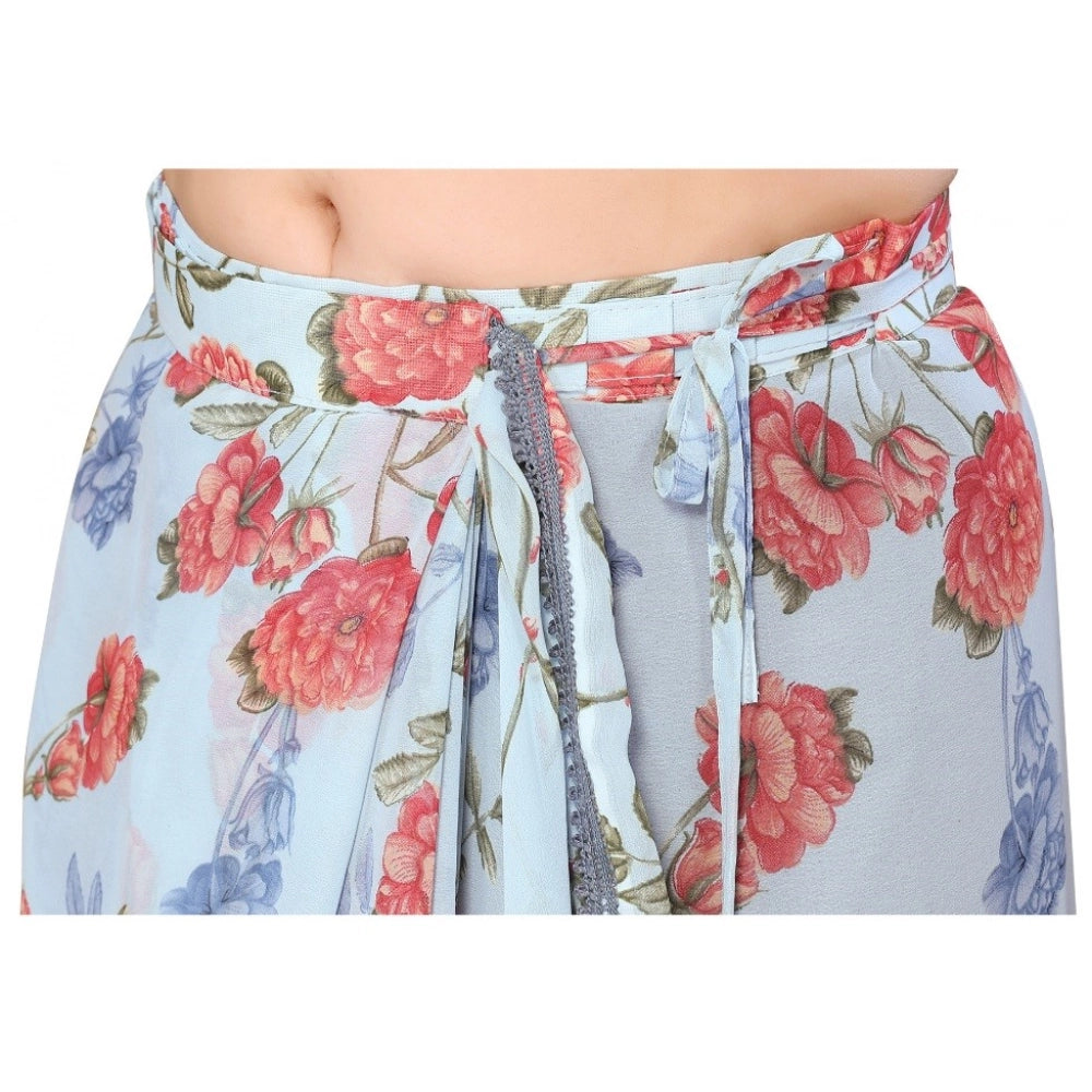 Sky Blue georgette printed ready-to-wear saree with unstitched blouse, intricate lace design on display