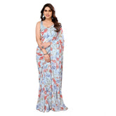 Sky Blue Georgette printed ready-to-wear saree with unstitched blouse, intricate lace pattern on 5.5 mtr fabric
