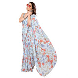 Sky blue georgette print saree with unstitched blouse, ready-to-wear Indian fashion accessory
