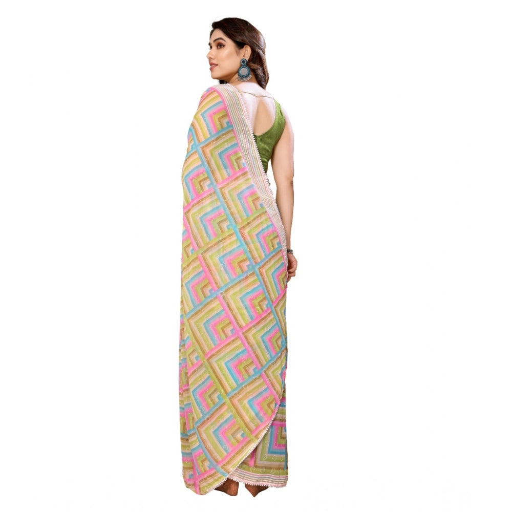 Green Georgette printed ready-to-wear saree with unstitched blouse (5.5 mtr) on mannequin