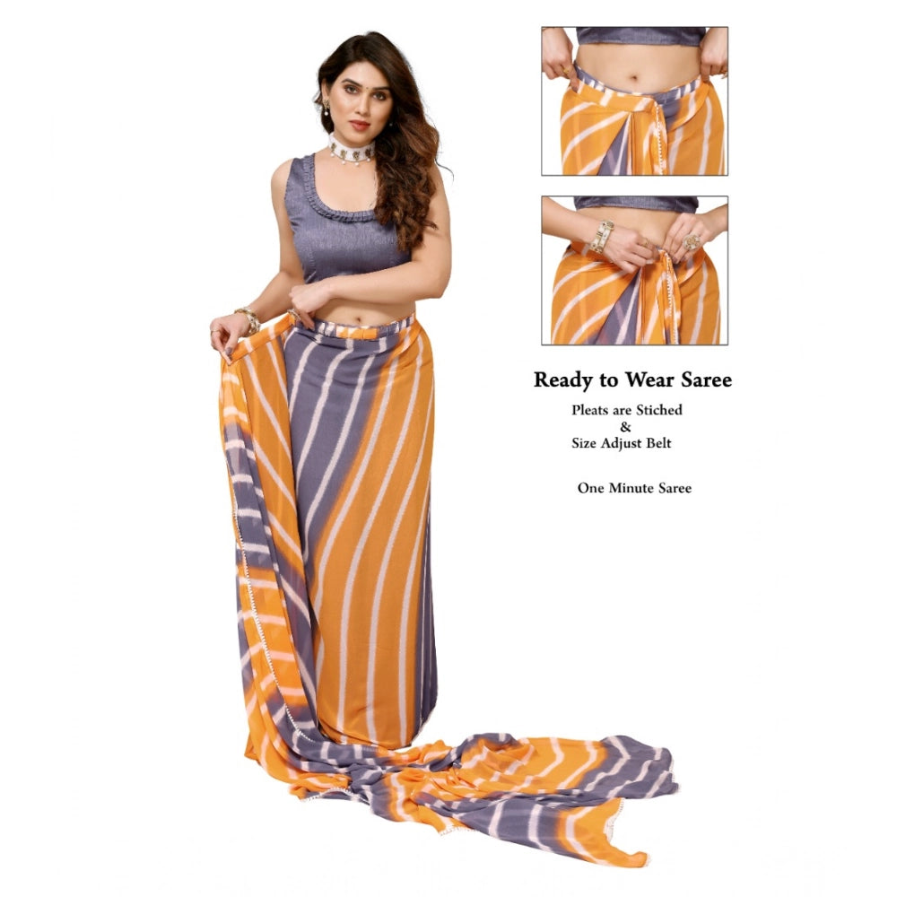Orange-Grey Georgette striped ready-to-wear saree with unstitched blouse, lace detailing for women's fashion