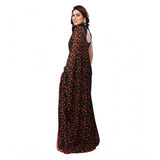 Black georgette printed ready-to-wear saree with unstitched blouse, intricate lace detailing on 5.5 mtr fabric