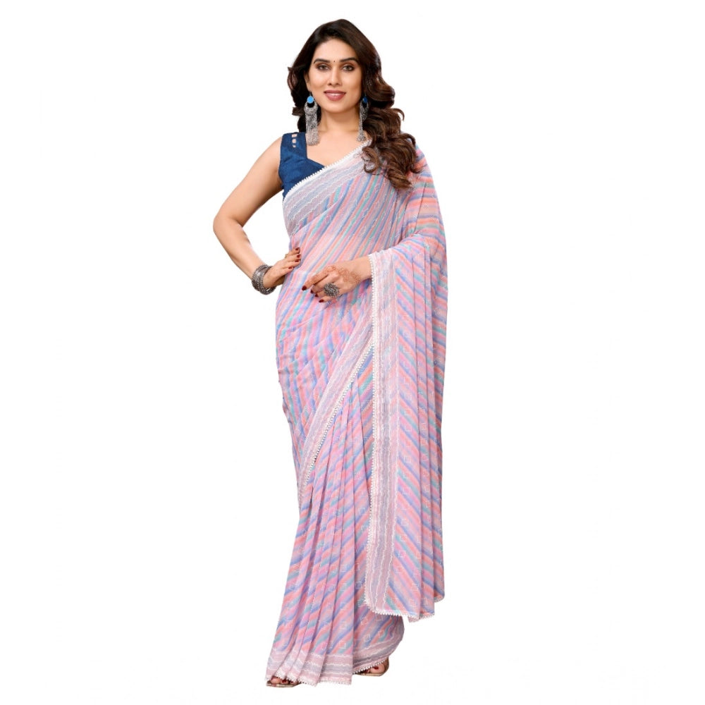 Purple striped Georgette ready-to-wear saree with unstitched blouse, 5.5 mtr length