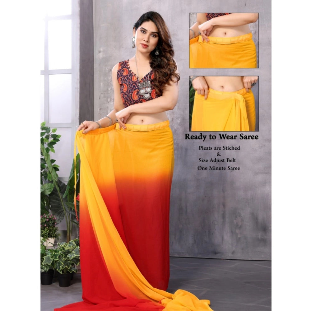 Red-Orange Georgette Ready-to-Wear Saree with Unstitched Blouse, intricate lace pattern
