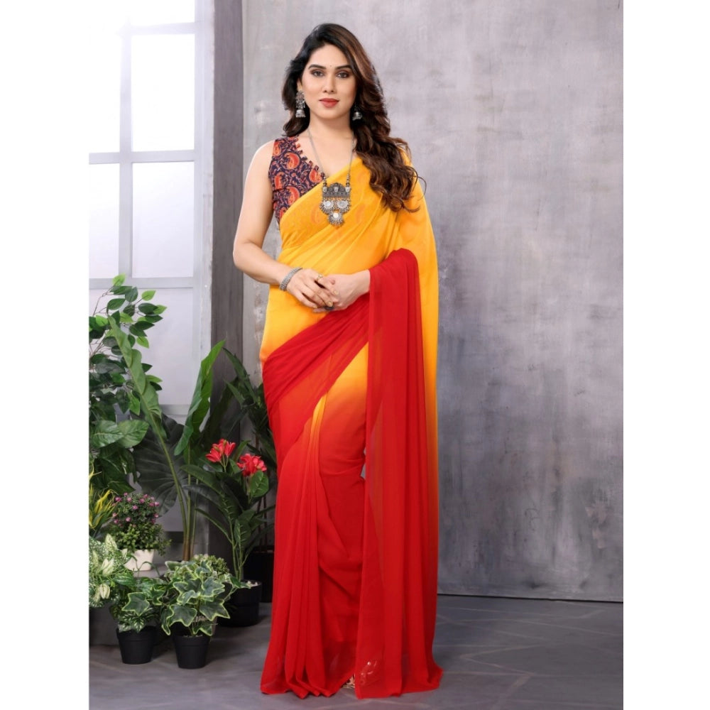 Red-Orange georgette ready-to-wear saree with unstitched blouse, intricate lace pattern for women's fashion