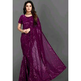 Women's Georgette Embellished Sequnece Bollywood Saree With Unstitched Blouse 5.5Mtr (Purple)