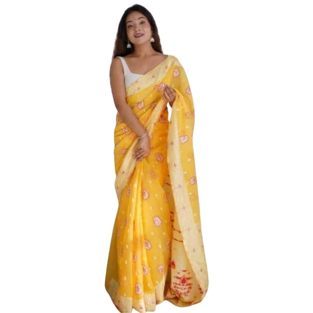 Yellow cotton printed saree with unstitched blouse (5.5mtr) - vibrant Indian attire on mannequin