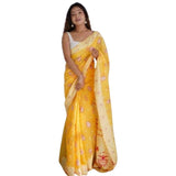 Yellow cotton printed saree with unstitched blouse (5.5mtr) - vibrant Indian attire on mannequin