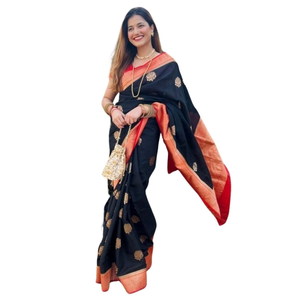 Black-Red silk printed saree with unstitched blouse (5.5Mtr) on mannequin