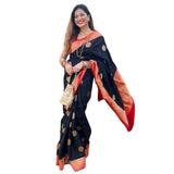 Black-Red silk printed saree with unstitched blouse (5.5Mtr) on mannequin