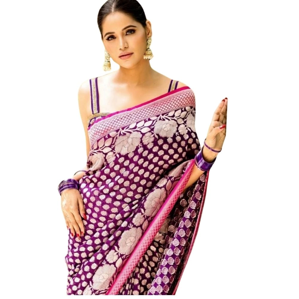 Purple silk printed saree with unstitched blouse (5.5mtr), intricate design for traditional Indian women's wear