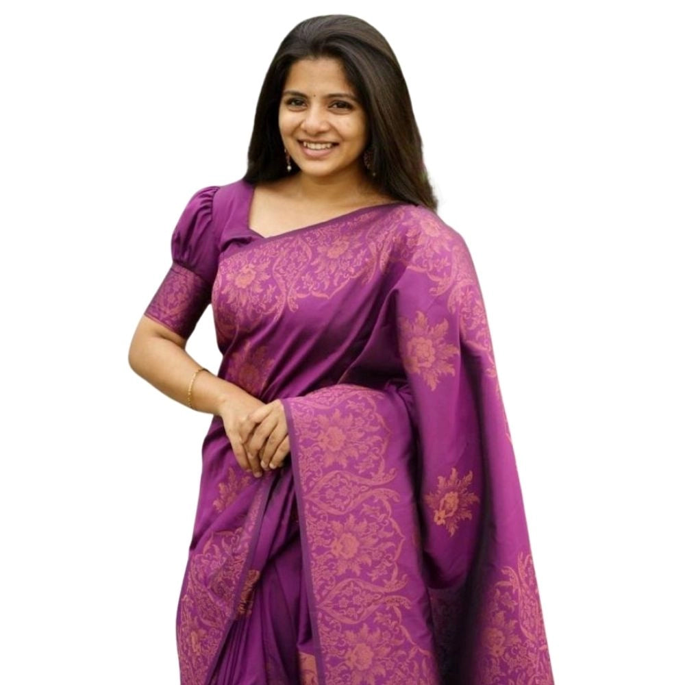 Purple silk printed saree with unstitched blouse (5.5mtr), vibrant Indian traditional wear