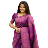Purple silk printed saree with unstitched blouse (5.5mtr), vibrant Indian traditional wear